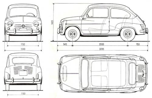 Szkic techniczny Fiat 600 I Hatchback 3d